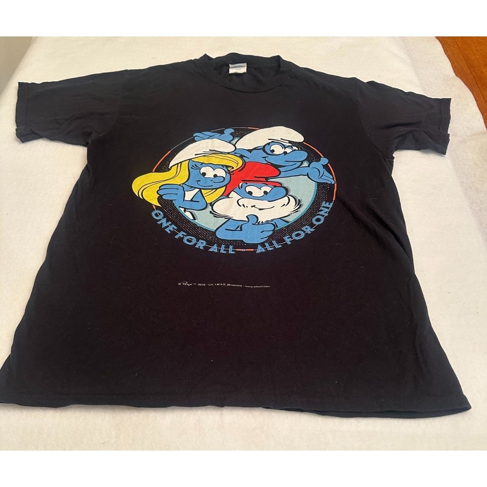Vintage Smurfs One For All Mens Graphic T Shirt Black Size M Port Co Cotton Tee